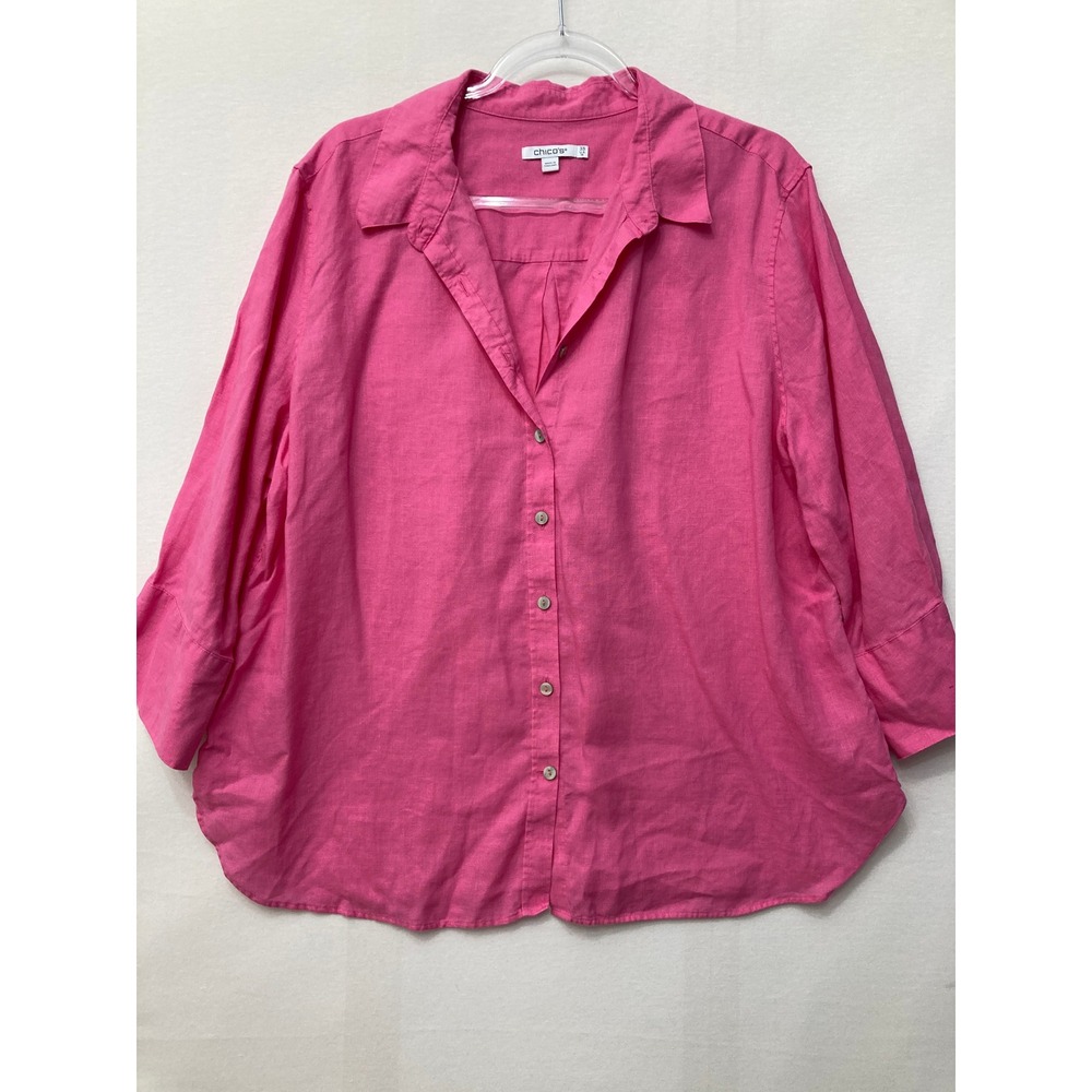 Chico's Button Down Shirt size 18 Pink 100% Linen 3/4 Sleeve Comfy Preppy